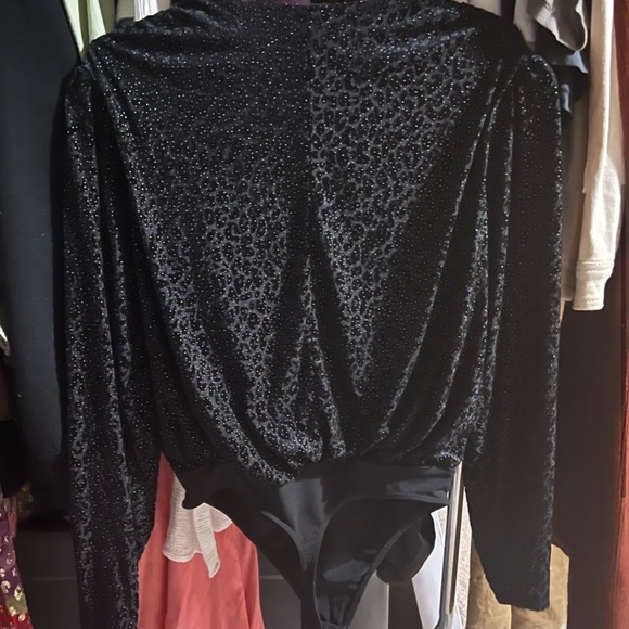 Express Long Sleeve Black Velvet Bodysuit. Sparkly - Stretchy - Thong Like New! - Picture 6 of 7